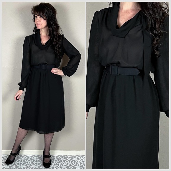 Black Vintage Women's Long Sleeve Print Dress